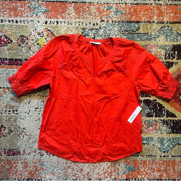 Chico’s POPLIN SHIRT SOLID PUFF SLEEVE TOP 3/4 Slv Fashion Top FLAME SCARLET - Picture 2 of 8